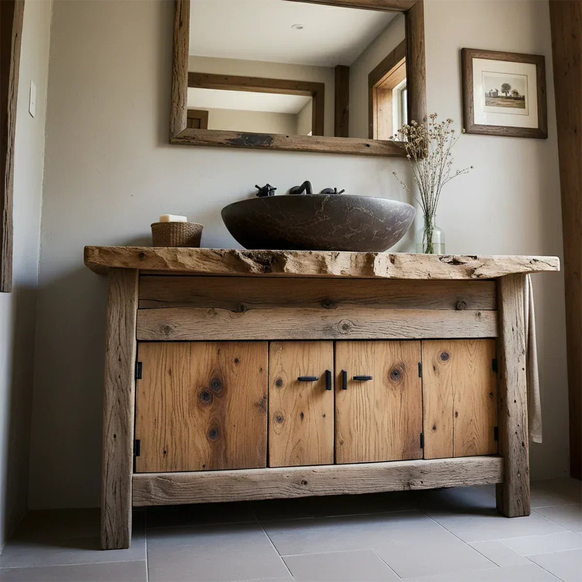 Rustic Natural Solid Wood Vanity with Live-Edge Top - Rustiracraft