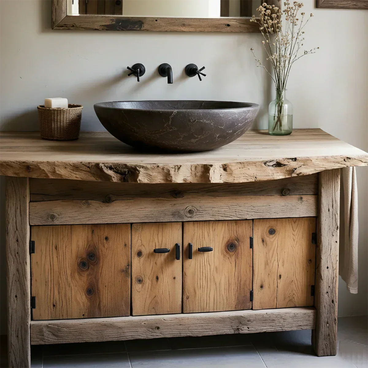 Rustic Natural Solid Wood Vanity with Live-Edge Top - Rustiracraft