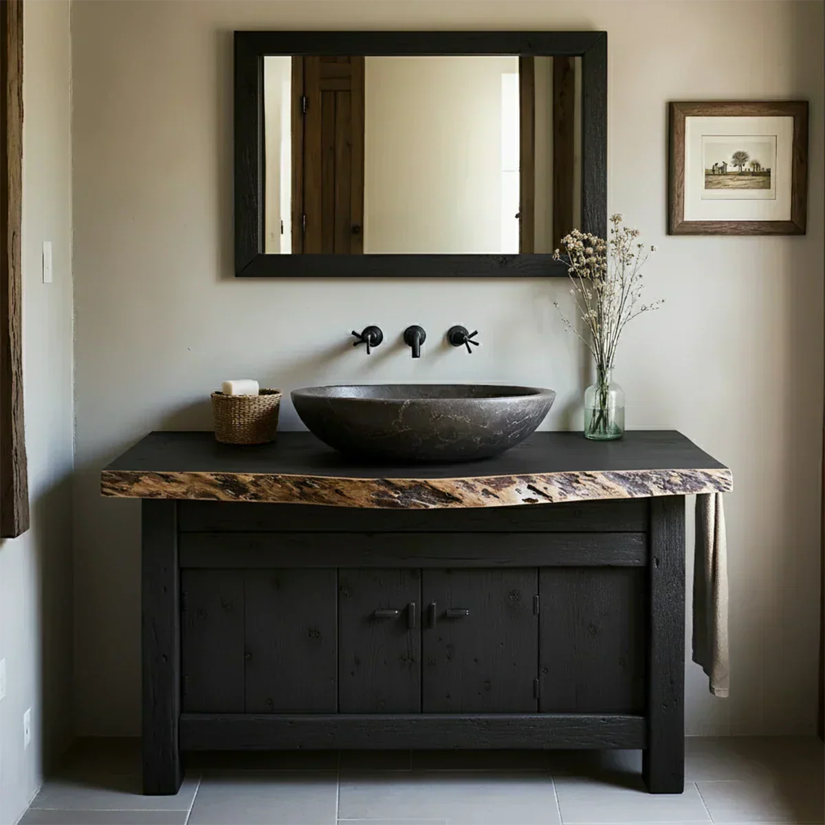 Rustic Natural Solid Wood Vanity with Live-Edge Top - Rustiracraft