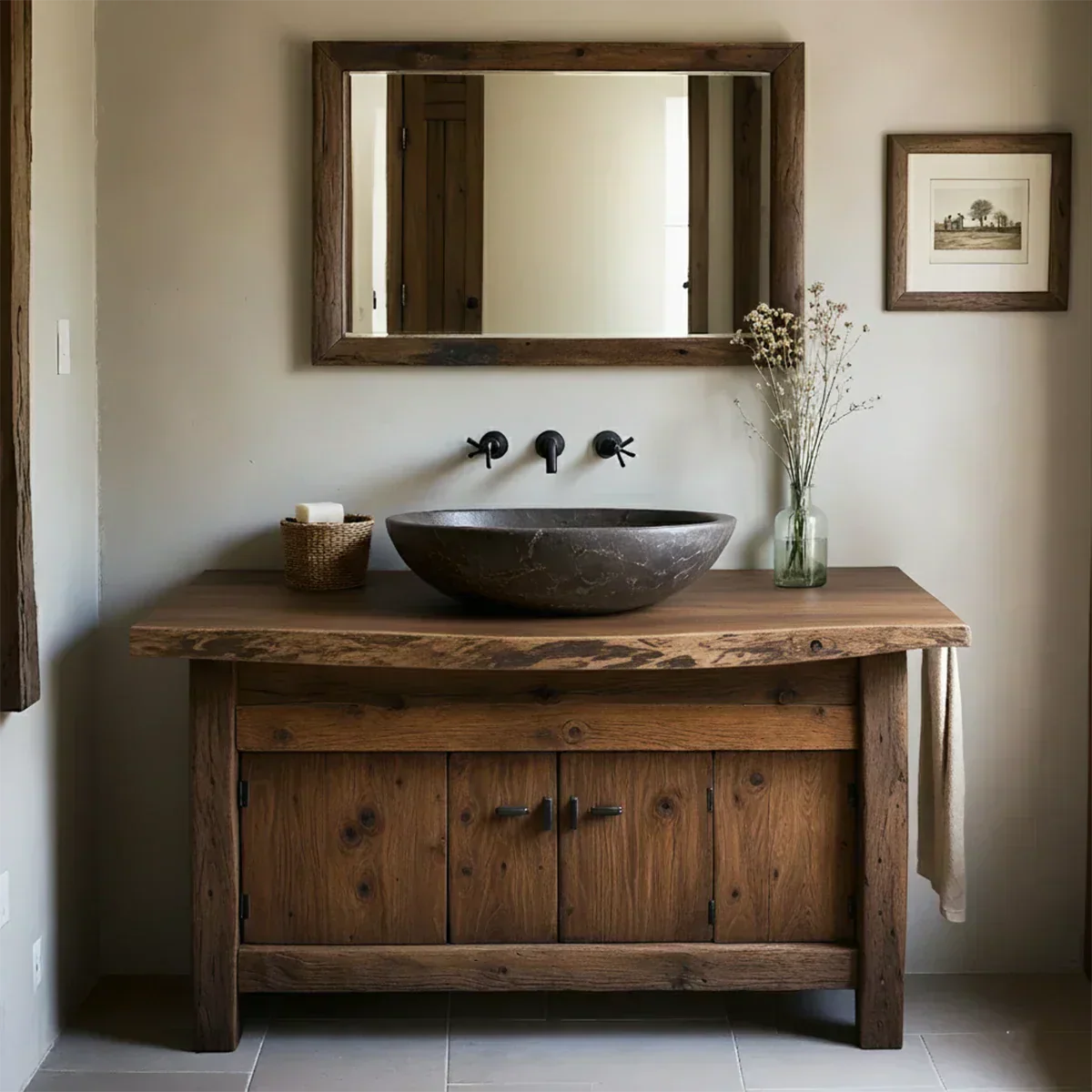 Rustic Natural Solid Wood Vanity with Live-Edge Top - Rustiracraft