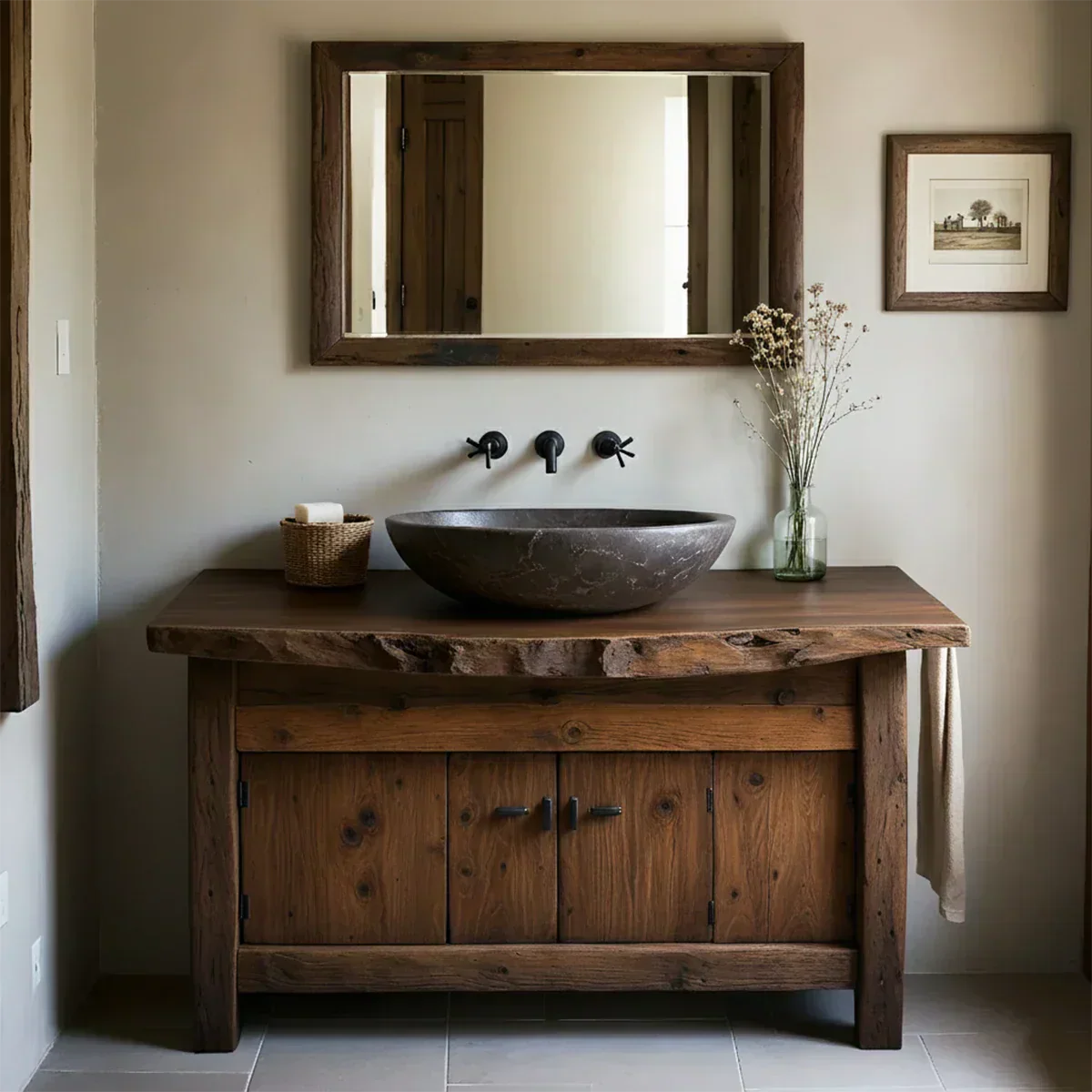 Rustic Natural Solid Wood Vanity with Live-Edge Top - Rustiracraft