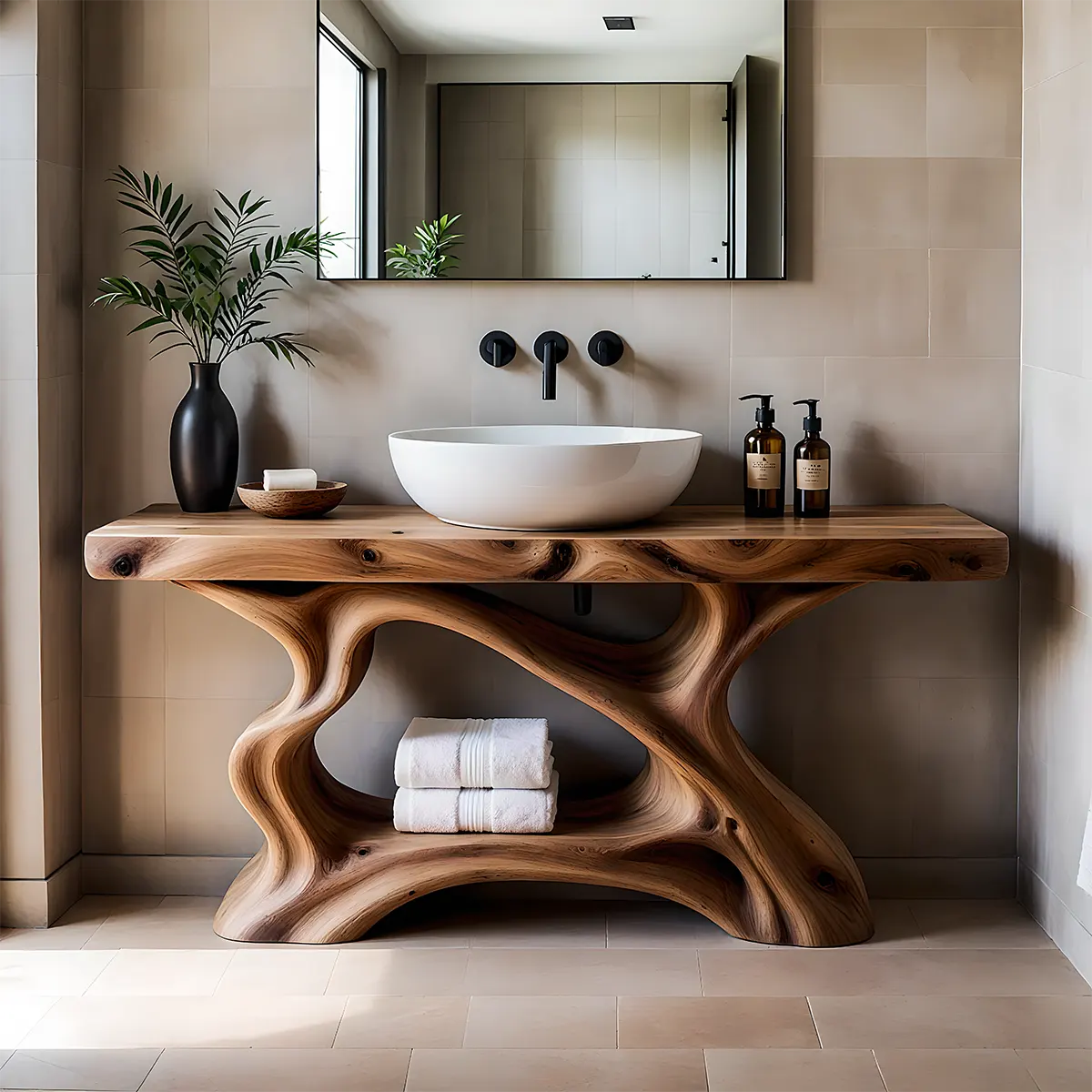 Rustic Sculpted Solid Wood Live Edge Bathroom Vanity - Rustiracraft