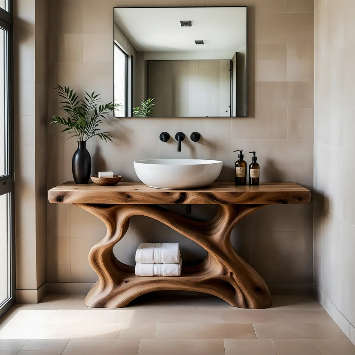 Rustic Sculpted Solid Wood Live Edge Bathroom Vanity - Rustiracraft