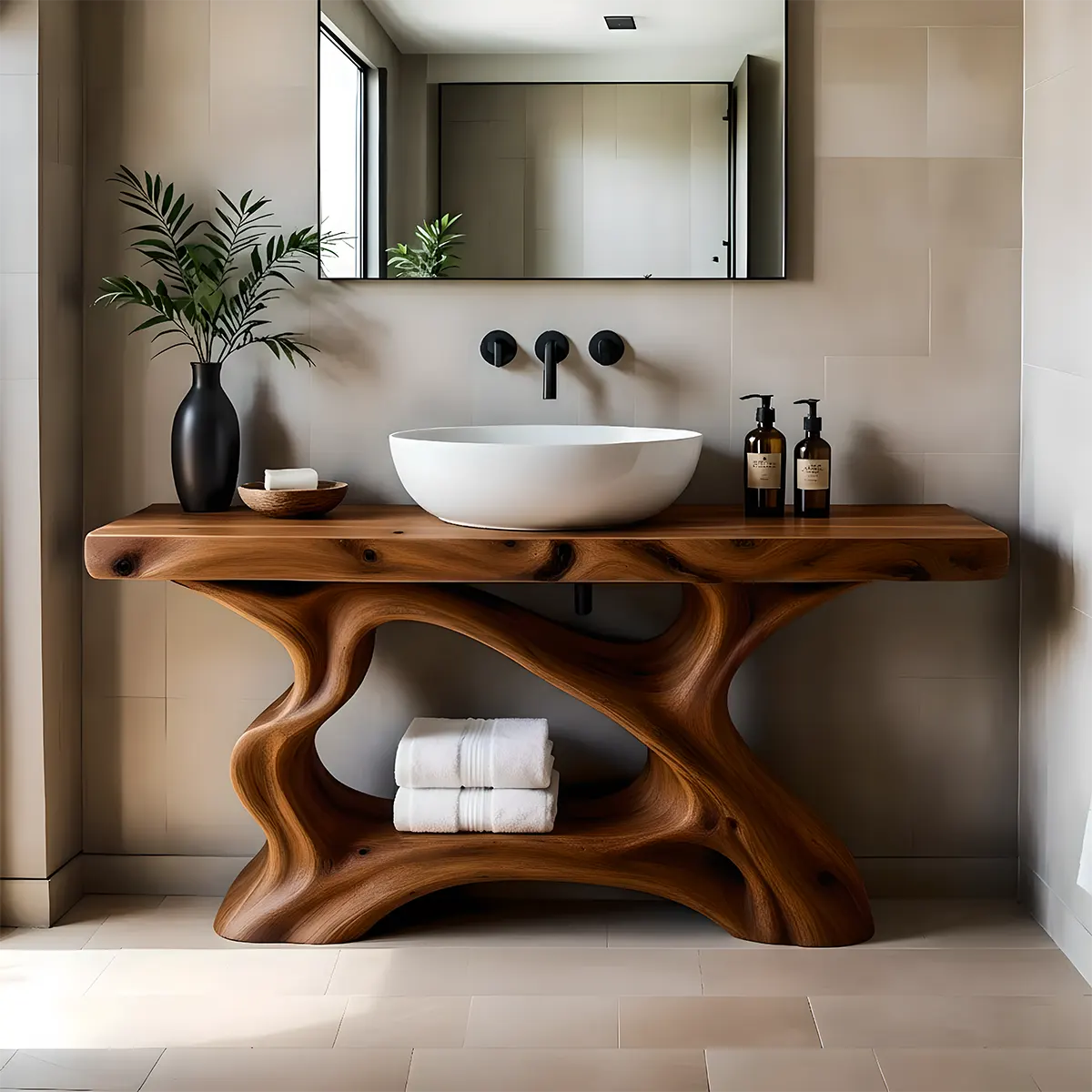 Rustic Sculpted Solid Wood Live Edge Bathroom Vanity - Rustiracraft