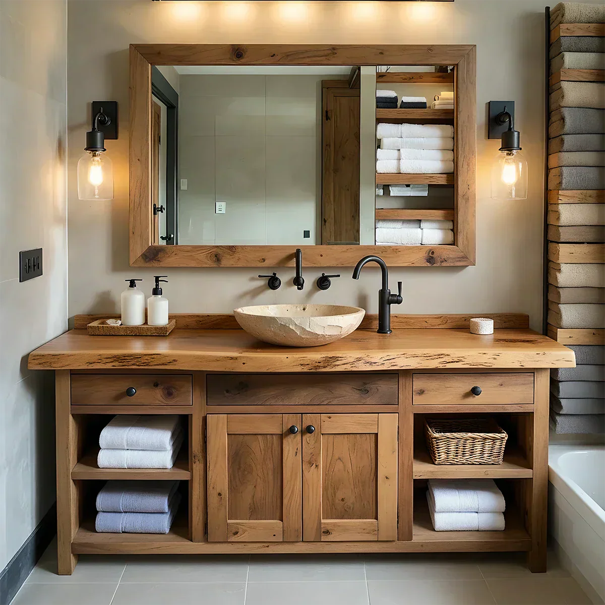 Rustic Solid Wood Bathroom Vanity – Handcrafted Farmhouse Wabi-Sabi Cabinet - Rustiracraft