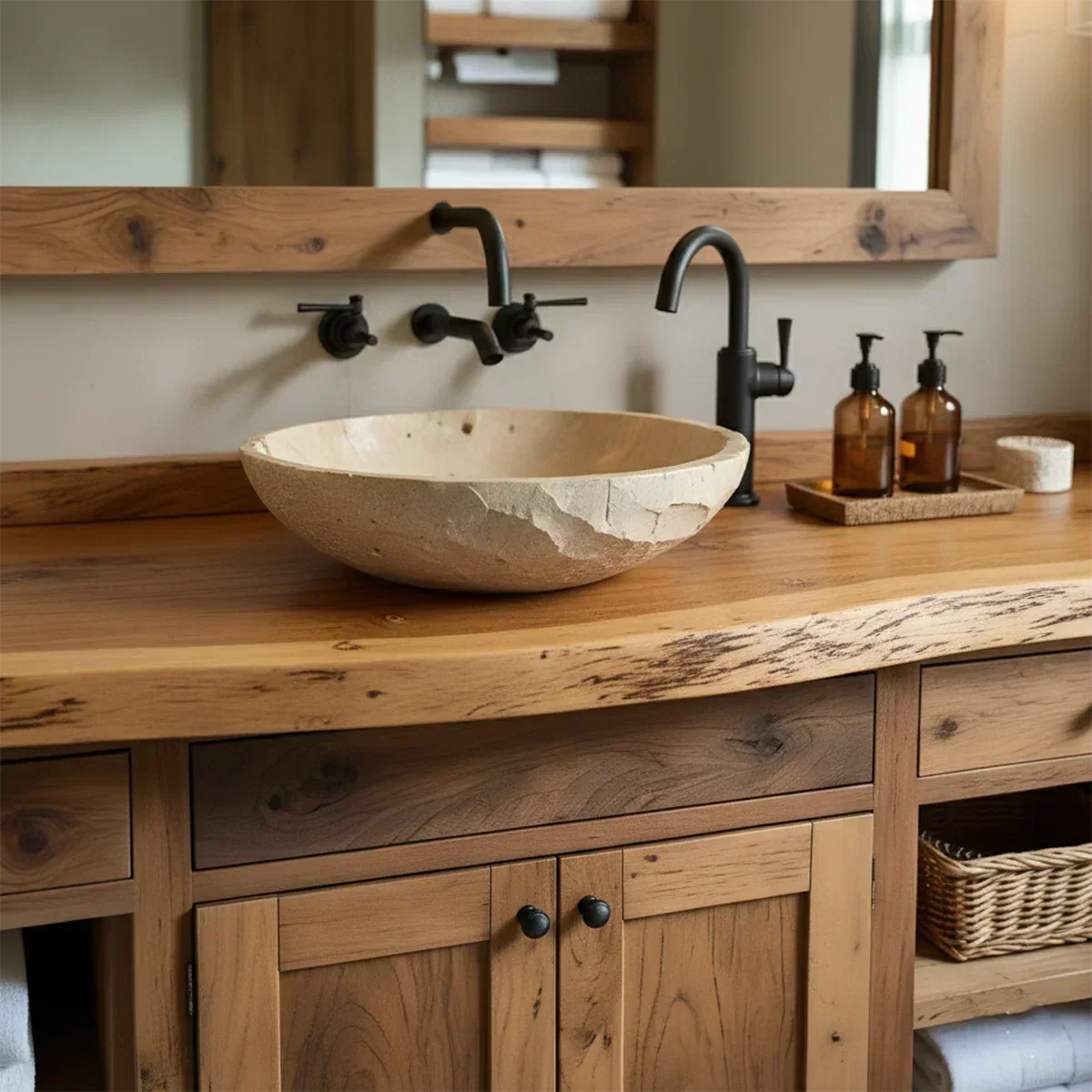 Rustic Solid Wood Bathroom Vanity – Handcrafted Farmhouse Wabi-Sabi Cabinet - Rustiracraft