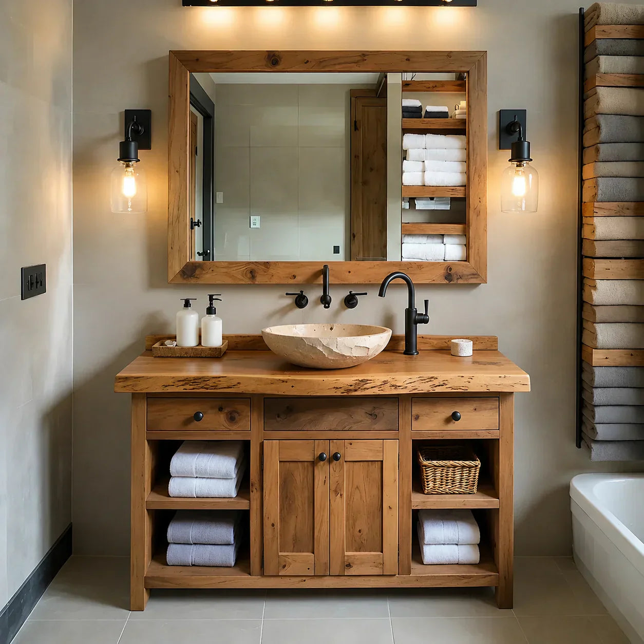 Rustic Solid Wood Bathroom Vanity – Handcrafted Farmhouse Wabi-Sabi Cabinet - Rustiracraft