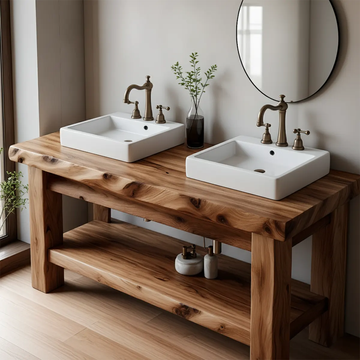 Rustic Solid Wood Double Sink Bathroom Vanity with Open Shelf - Rustiracraft