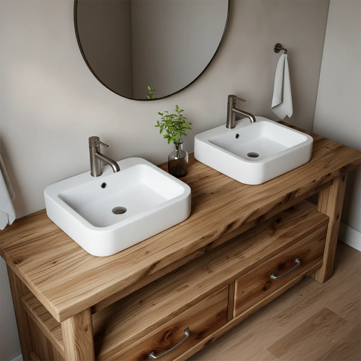 Rustic Solid Wood Double Sink Bathroom Vanity with Open Shelf - Rustiracraft