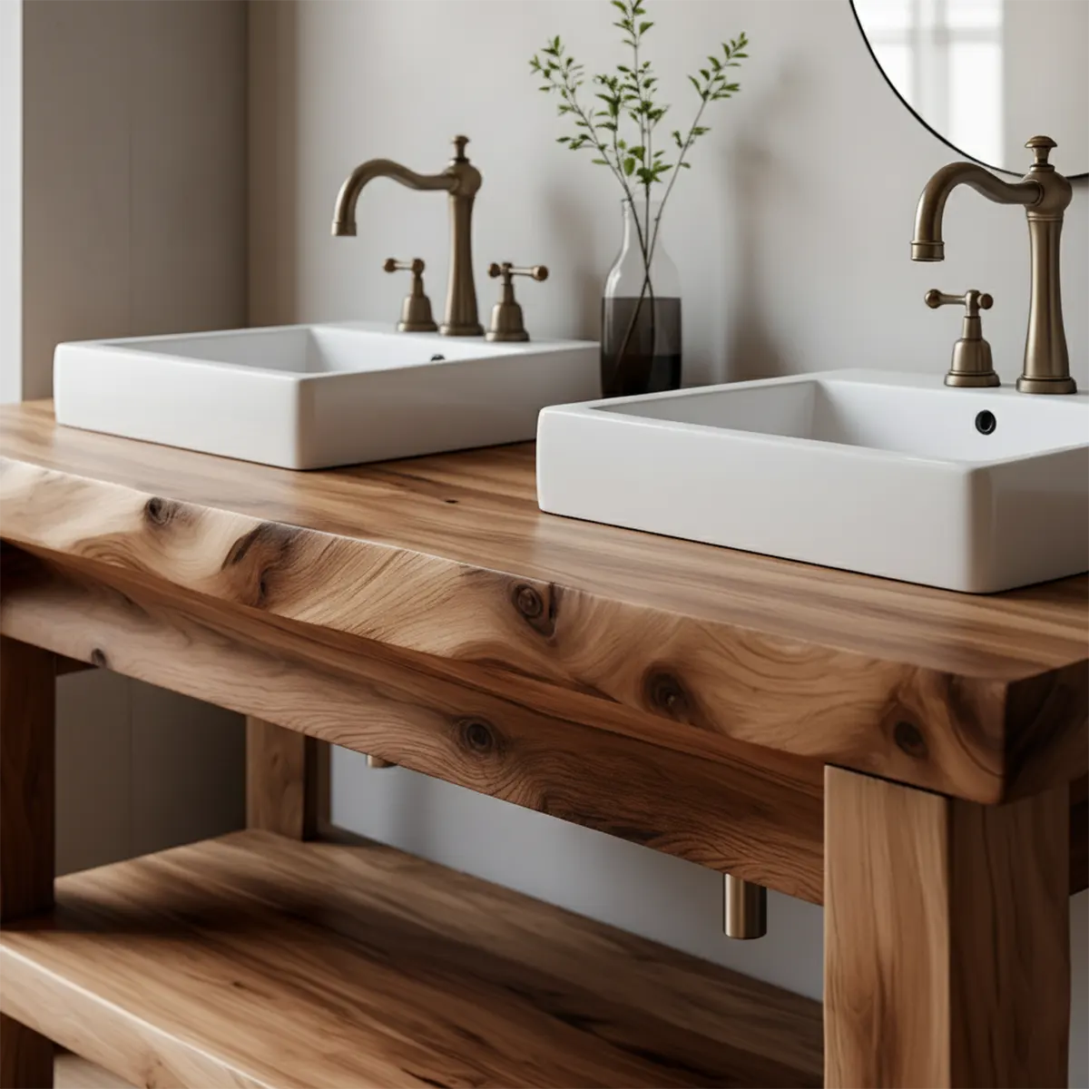 Rustic Solid Wood Double Sink Bathroom Vanity with Open Shelf - Rustiracraft