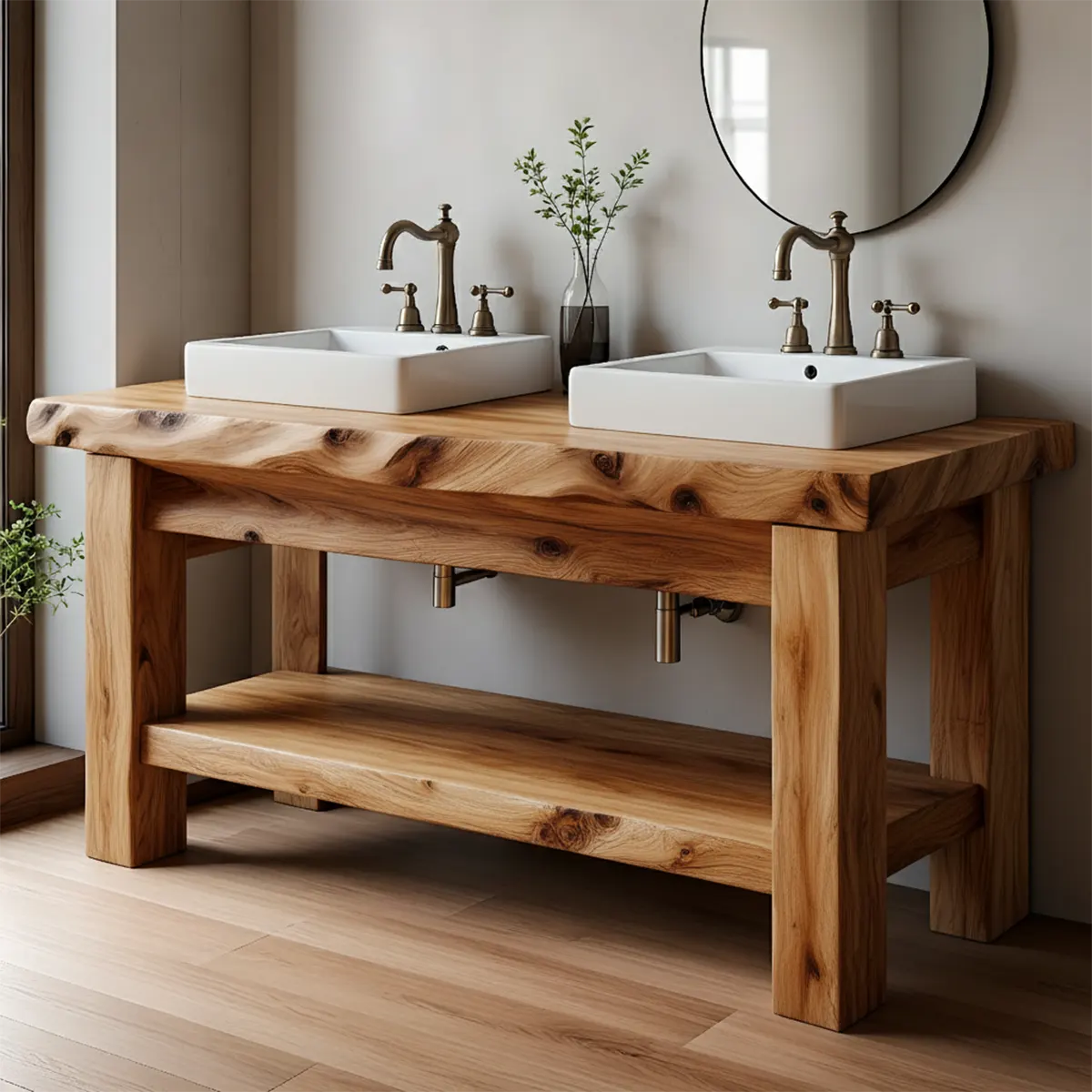 Rustic Solid Wood Double Sink Bathroom Vanity with Open Shelf - Rustiracraft