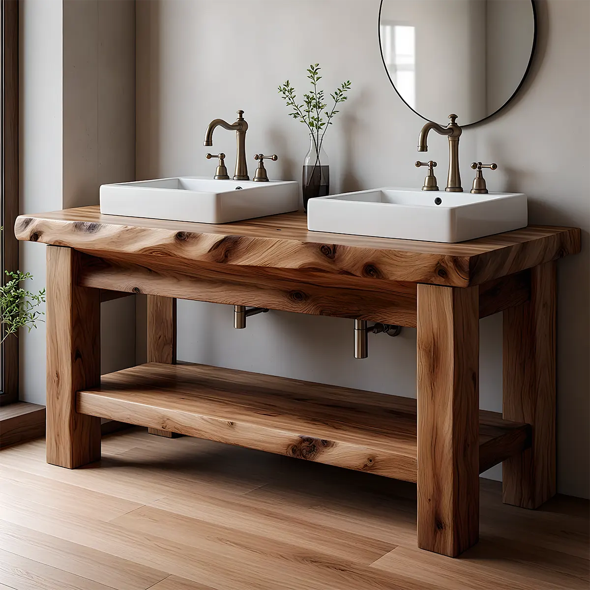 Rustic Solid Wood Double Sink Bathroom Vanity with Open Shelf - Rustiracraft
