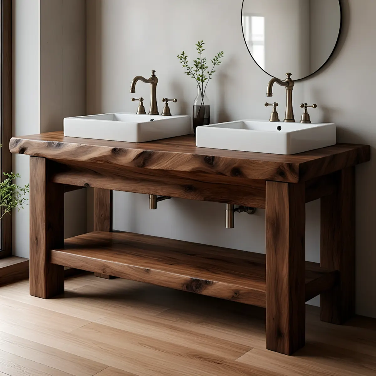 Rustic Solid Wood Double Sink Bathroom Vanity with Open Shelf - Rustiracraft