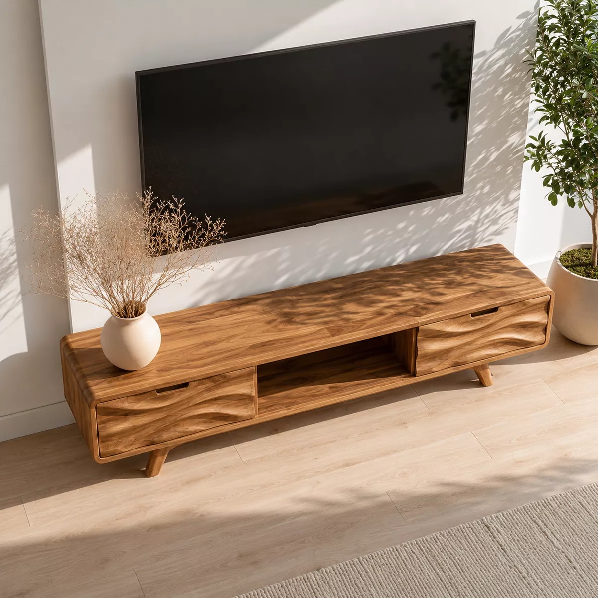 Scandinavian TV Stand with Sculptural Wave-Front Drawers and Tapered Legs - Rustiracraft