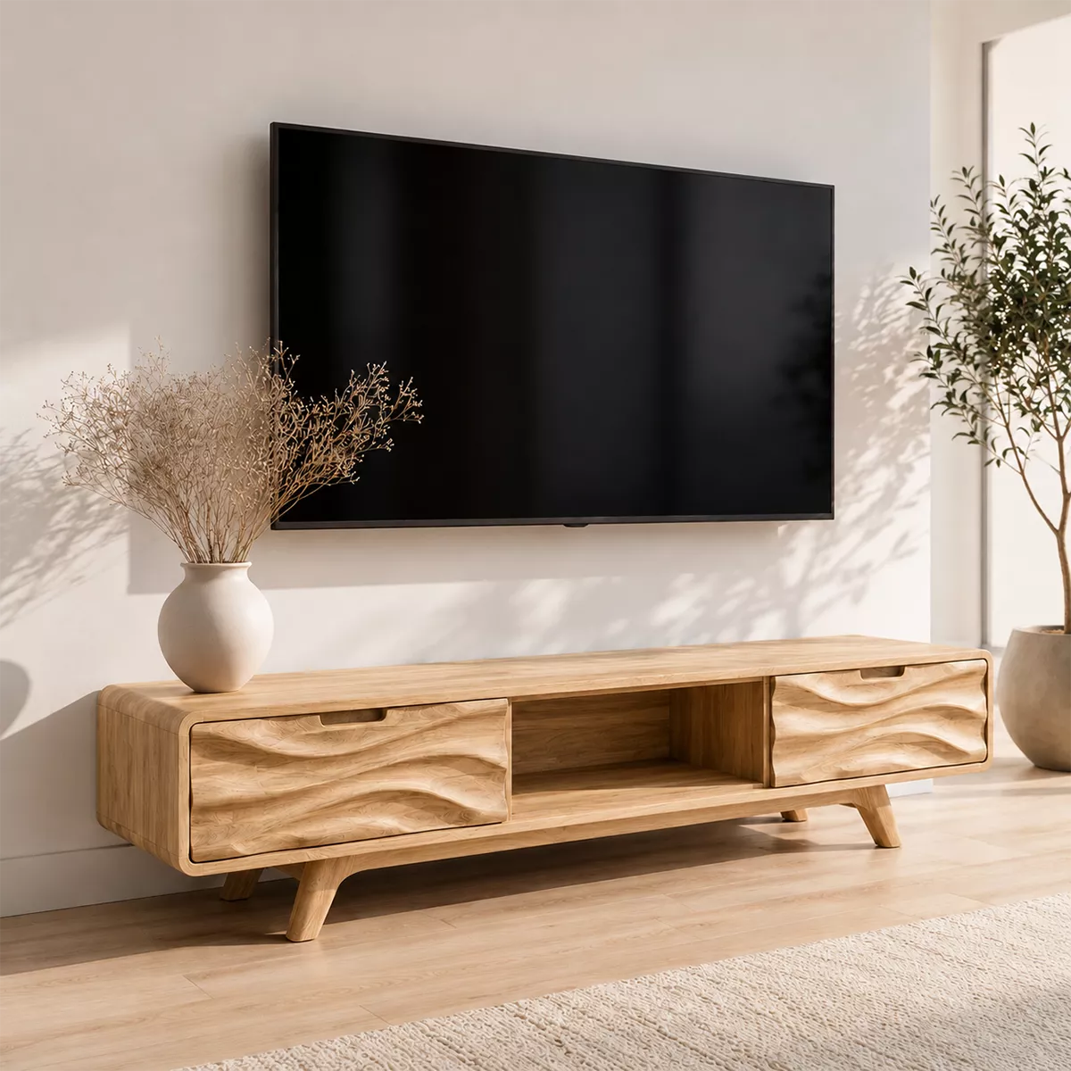 Scandinavian TV Stand with Sculptural Wave-Front Drawers and Tapered Legs - Rustiracraft