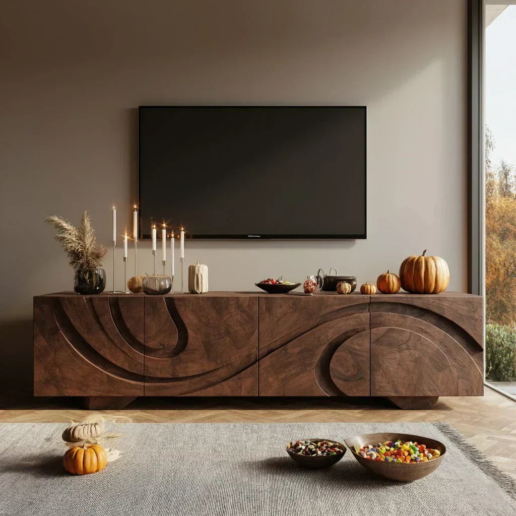 Sculpted Dark Walnut TV Stand — Lunar Tide Edition - Rustiracraft