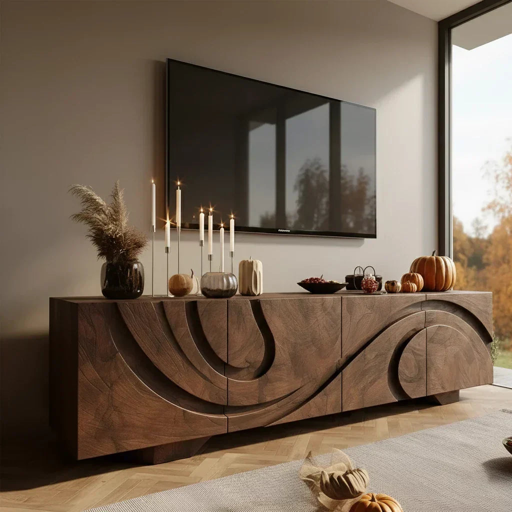 Sculpted Dark Walnut TV Stand — Lunar Tide Edition - Rustiracraft