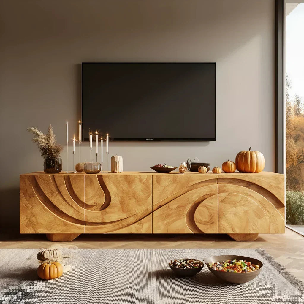 Sculpted Dark Walnut TV Stand — Lunar Tide Edition - Rustiracraft