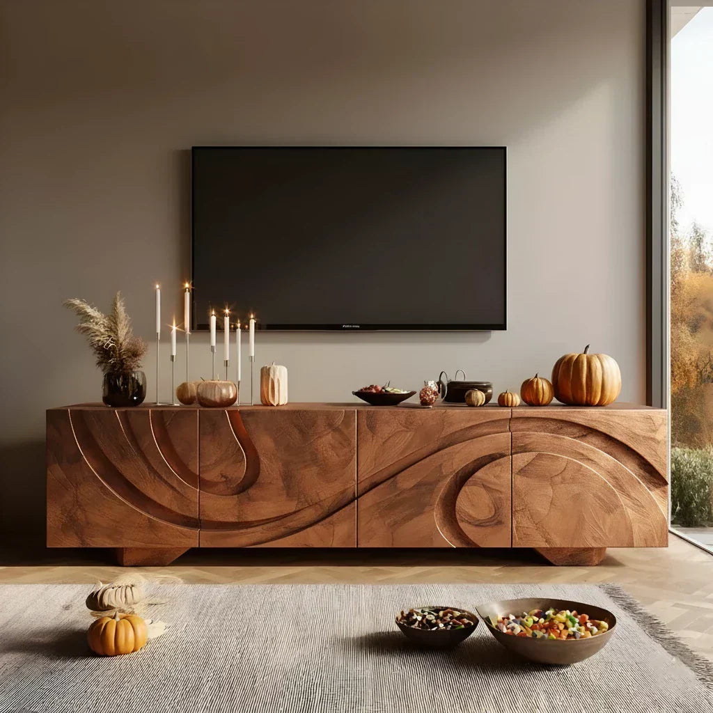 Sculpted Dark Walnut TV Stand — Lunar Tide Edition - Rustiracraft