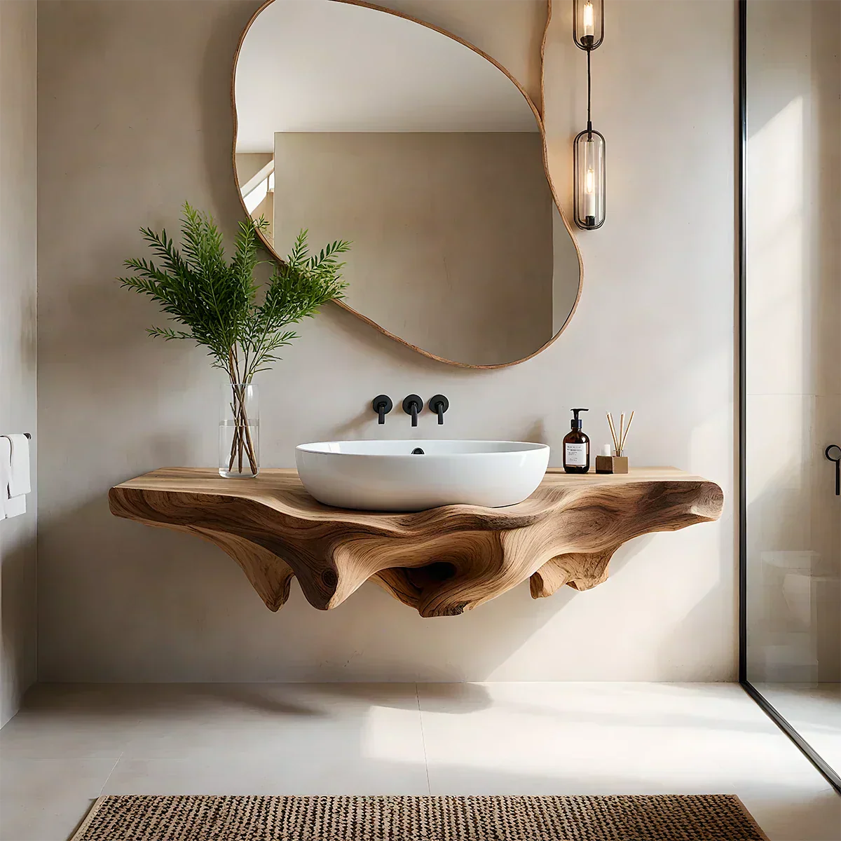 Sculpted Live Edge Floating Wood Bathroom Vanity Shelf - Rustiracraft