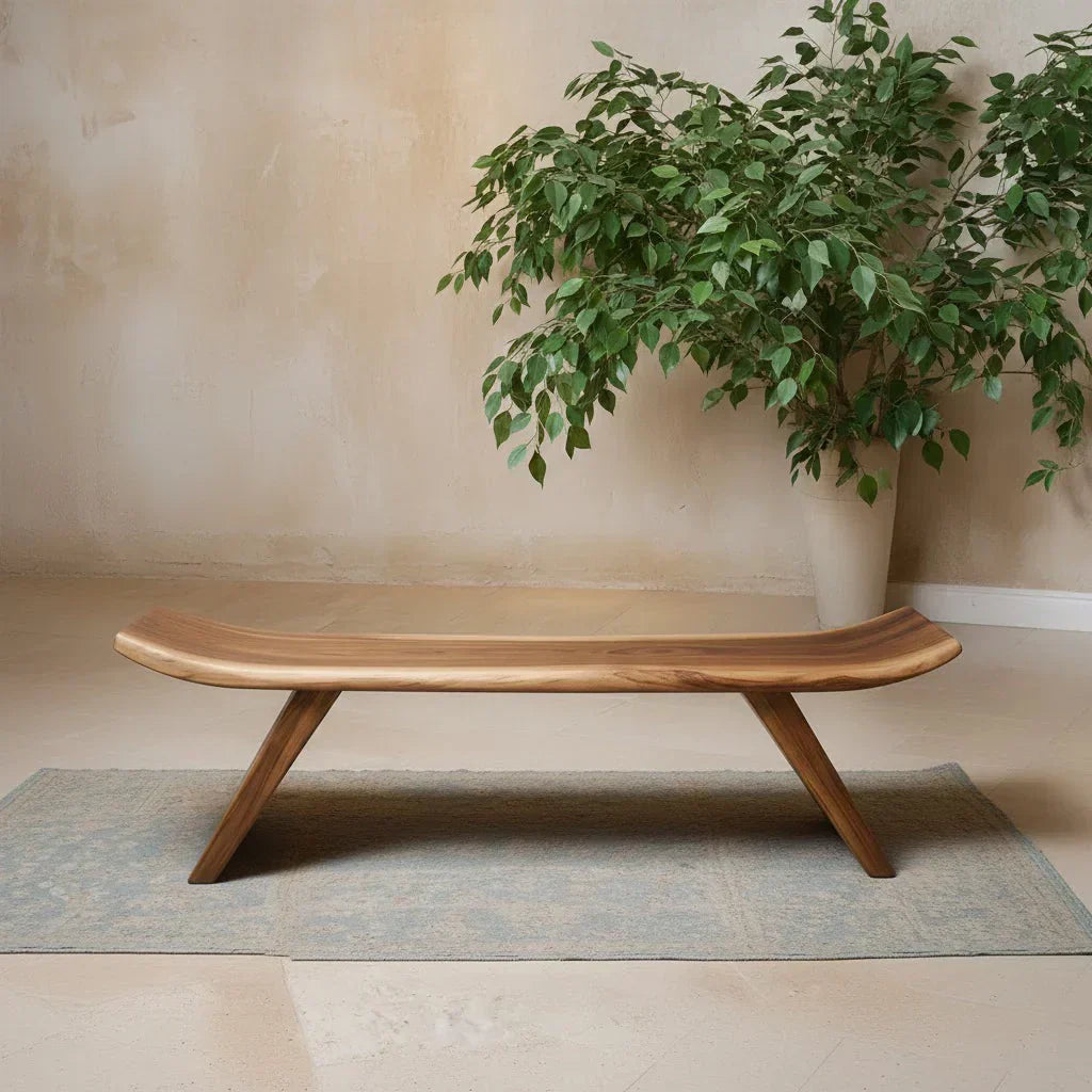 Sculpted Low-Profile Bench in Natural Solid Wood – Curved Edge Form - Rustiracraft