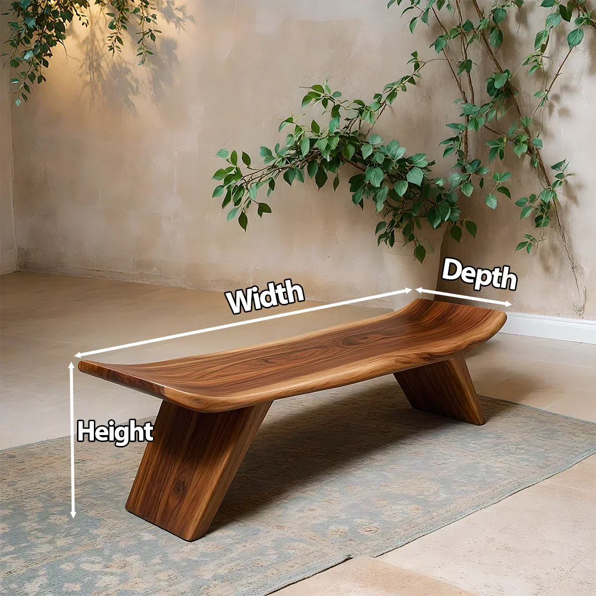 Sculpted Low-Profile Bench in Natural Solid Wood – Curved Edge Form - Rustiracraft