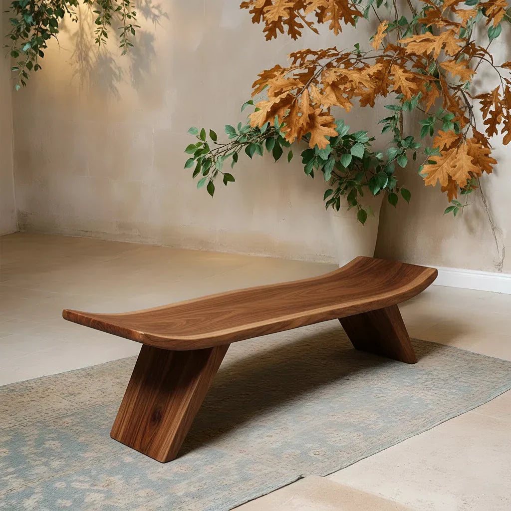 Sculpted Low-Profile Bench in Natural Solid Wood – Curved Edge Form - Rustiracraft