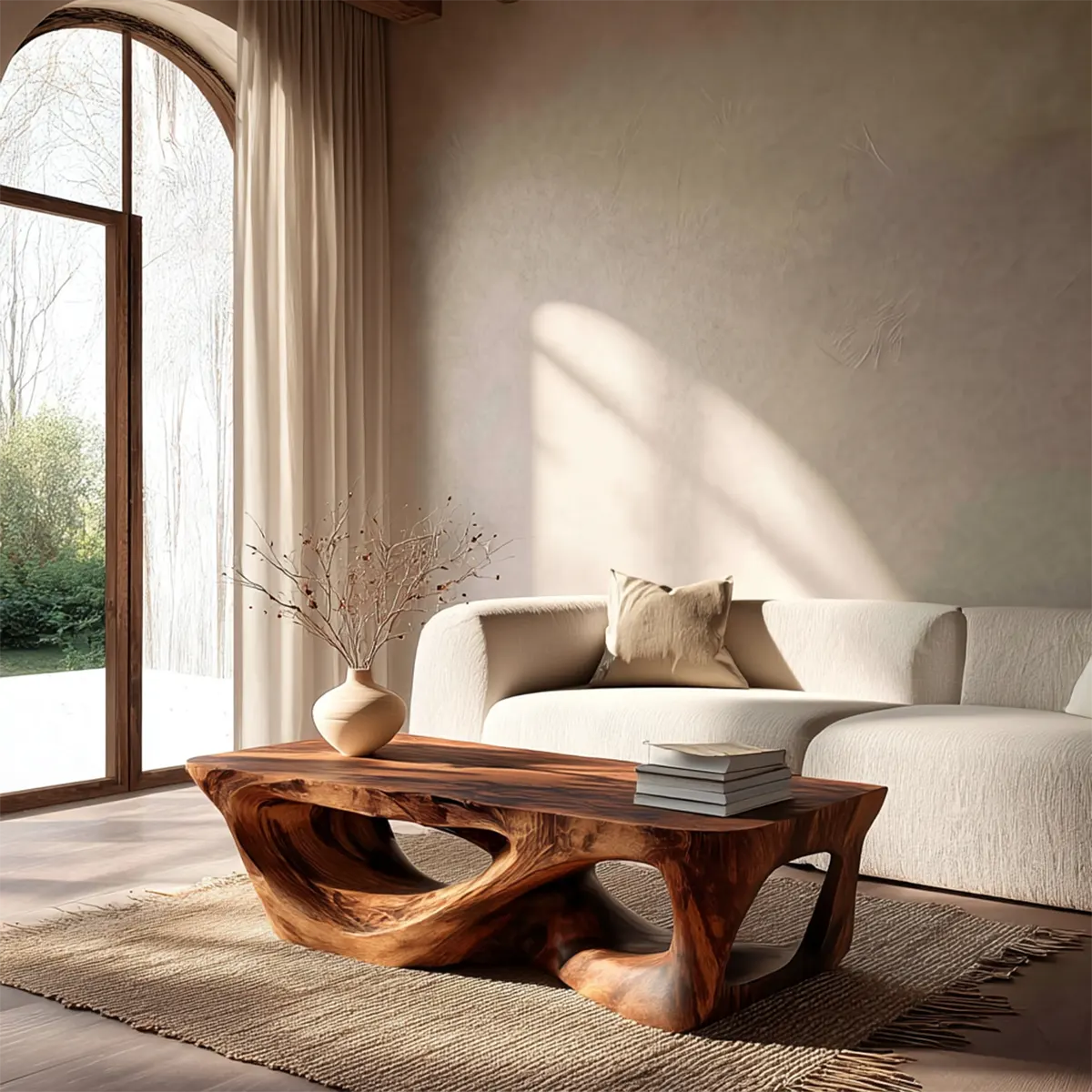 Sculpted Natural Solid Wood Coffee Table with Organic Carved Base - Rustiracraft