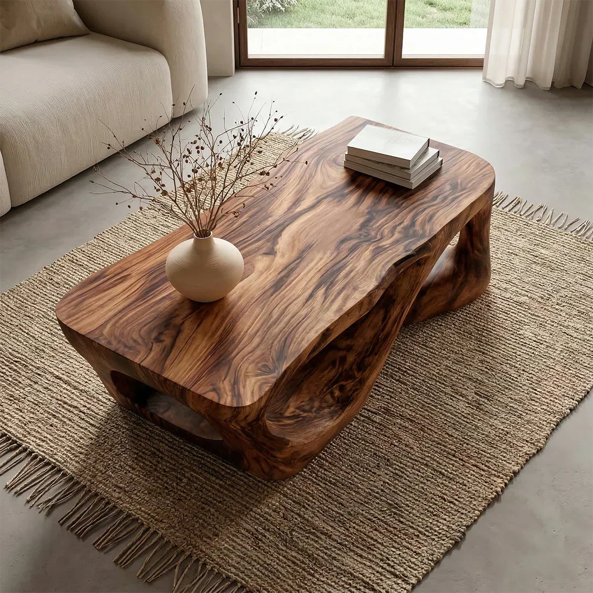 Sculpted Natural Solid Wood Coffee Table with Organic Carved Base - Rustiracraft