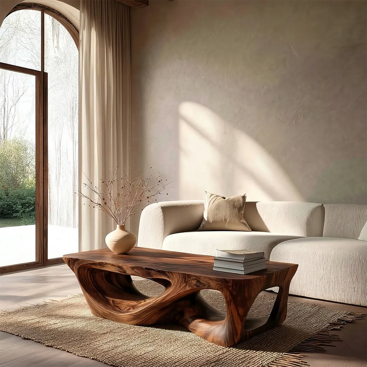 Sculpted Natural Solid Wood Coffee Table with Organic Carved Base - Rustiracraft