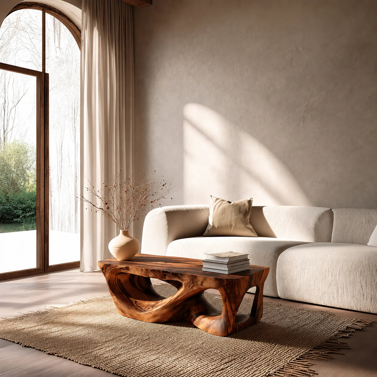 Sculpted Natural Solid Wood Coffee Table with Organic Carved Base - Rustiracraft