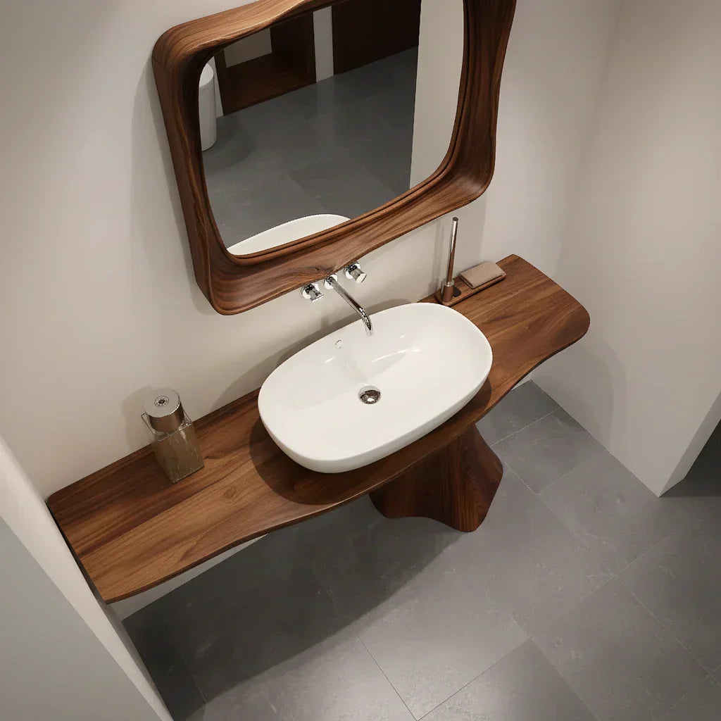 Sculpted Solid Wood Bathroom Vanity With Modern Curved Base - Rustiracraft