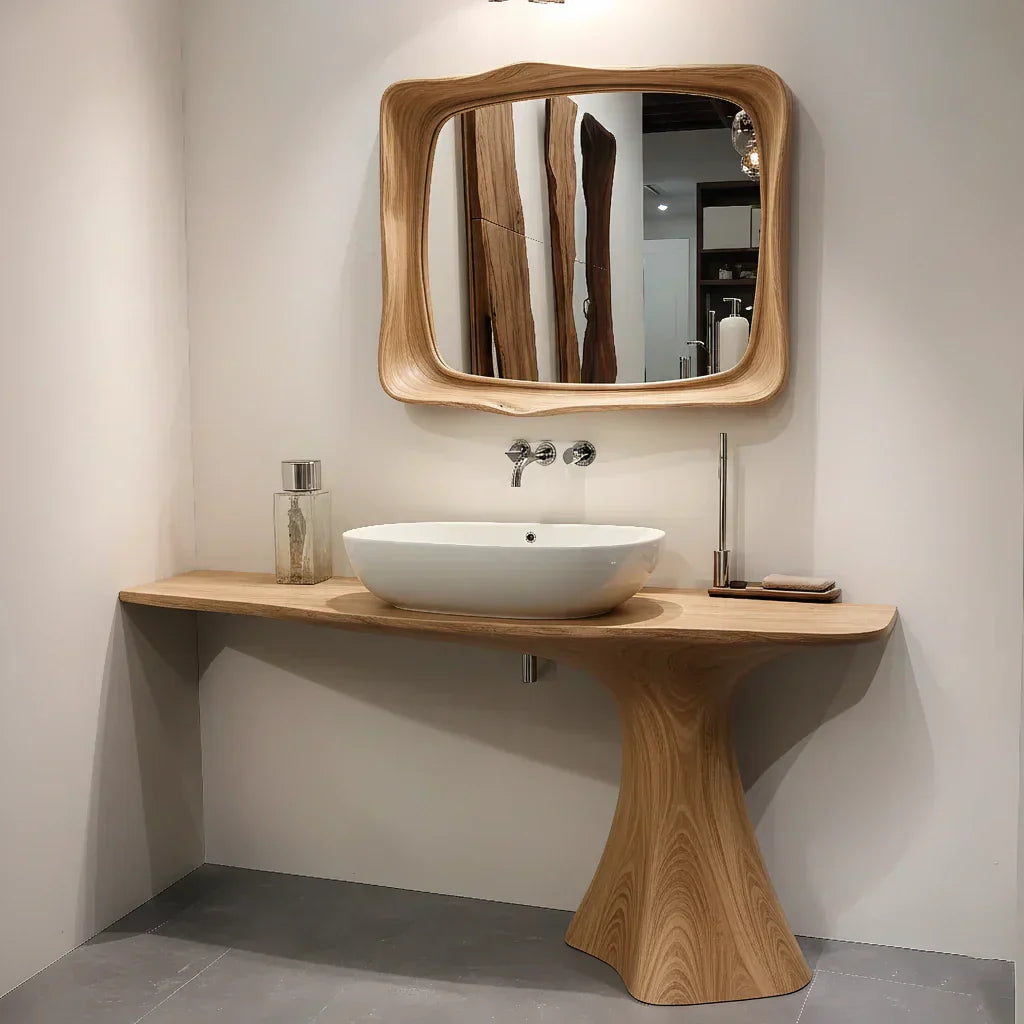 Sculpted Solid Wood Bathroom Vanity With Modern Curved Base - Rustiracraft