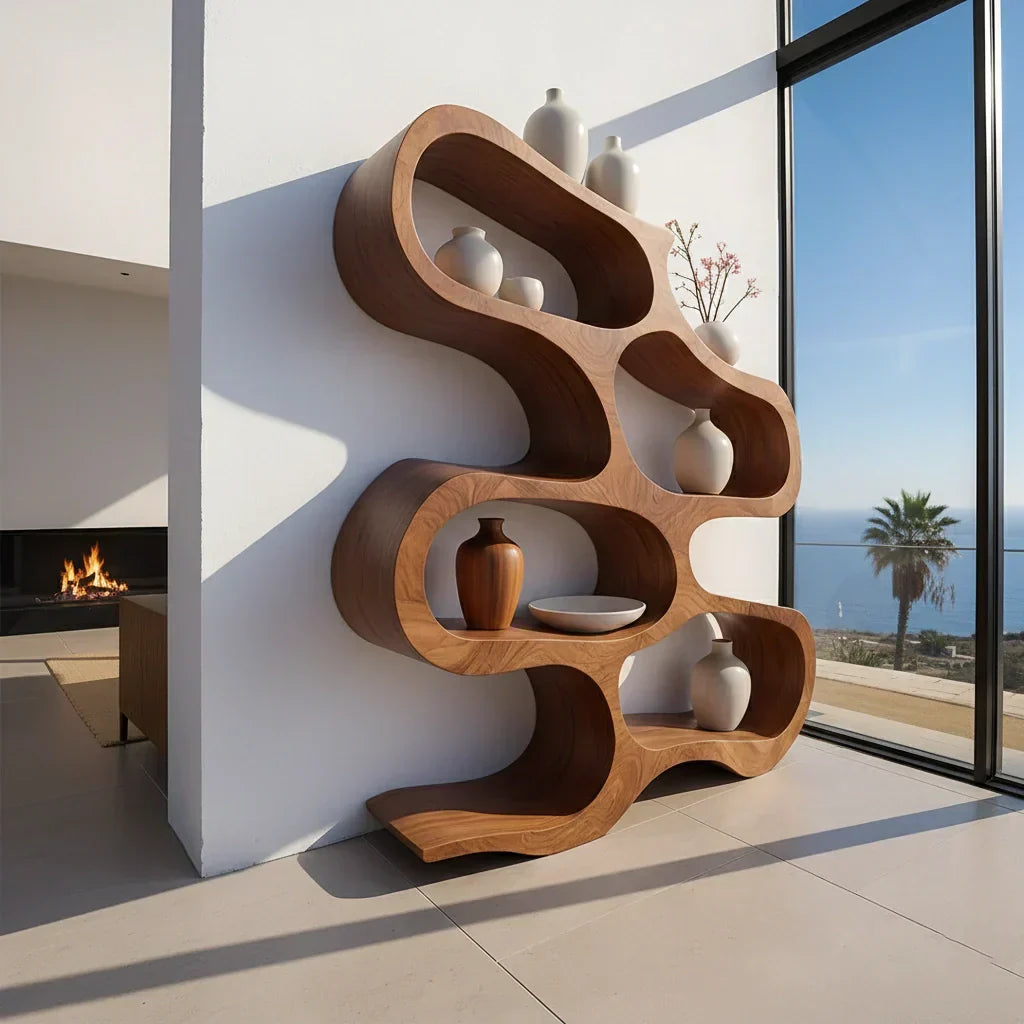 Sculpted Solid Wood Bookshelf – Flowing Wave Edition - Rustiracraft