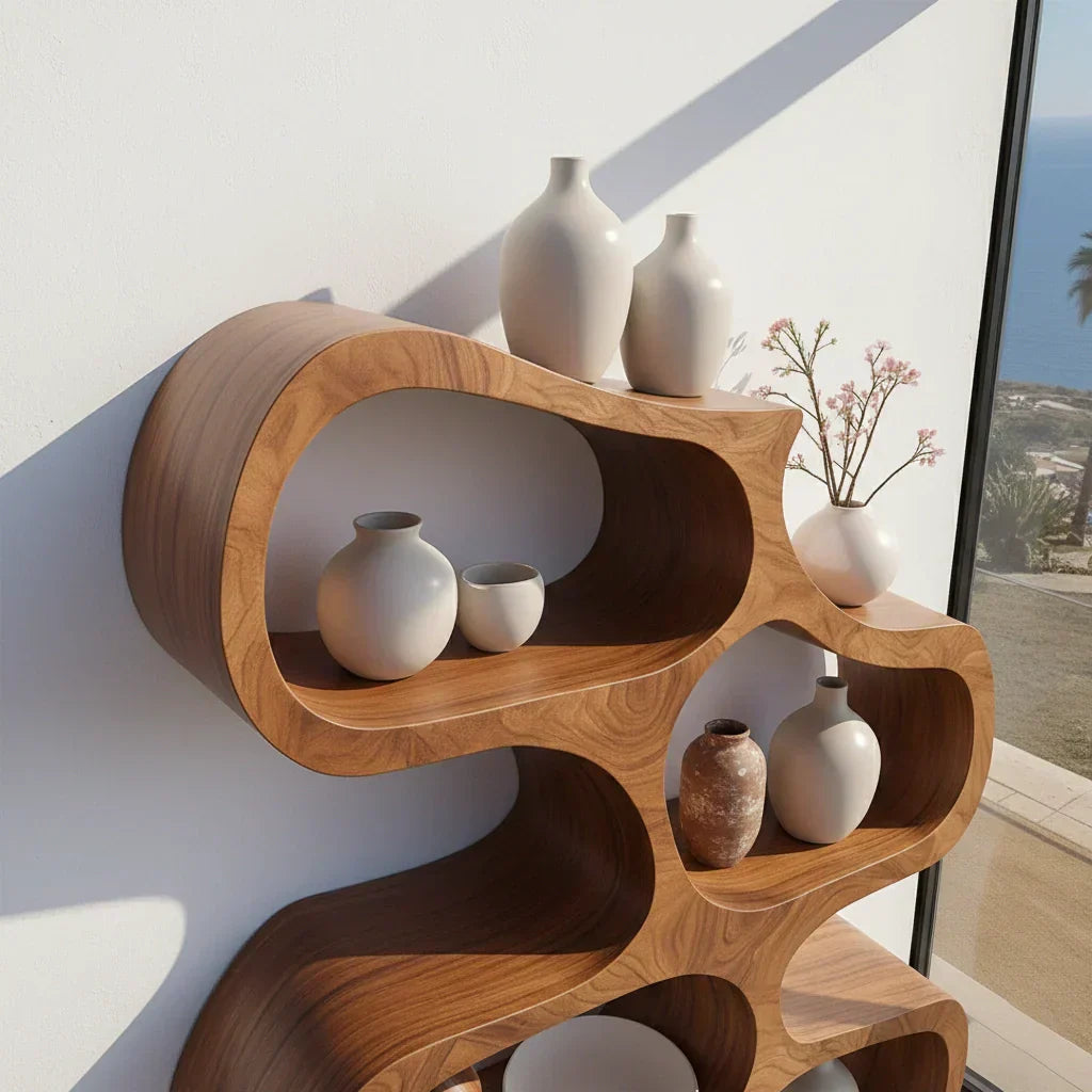 Sculpted Solid Wood Bookshelf – Flowing Wave Edition - Rustiracraft