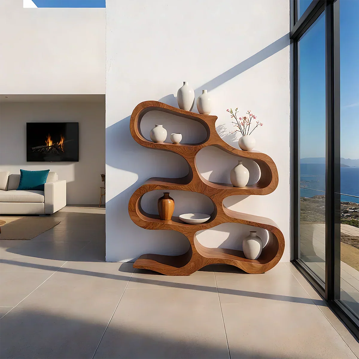 Sculpted Solid Wood Bookshelf – Flowing Wave Edition - Rustiracraft