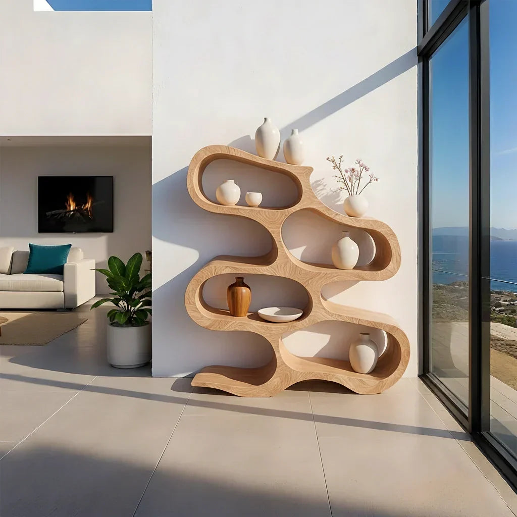 Sculpted Solid Wood Bookshelf – Flowing Wave Edition - Rustiracraft