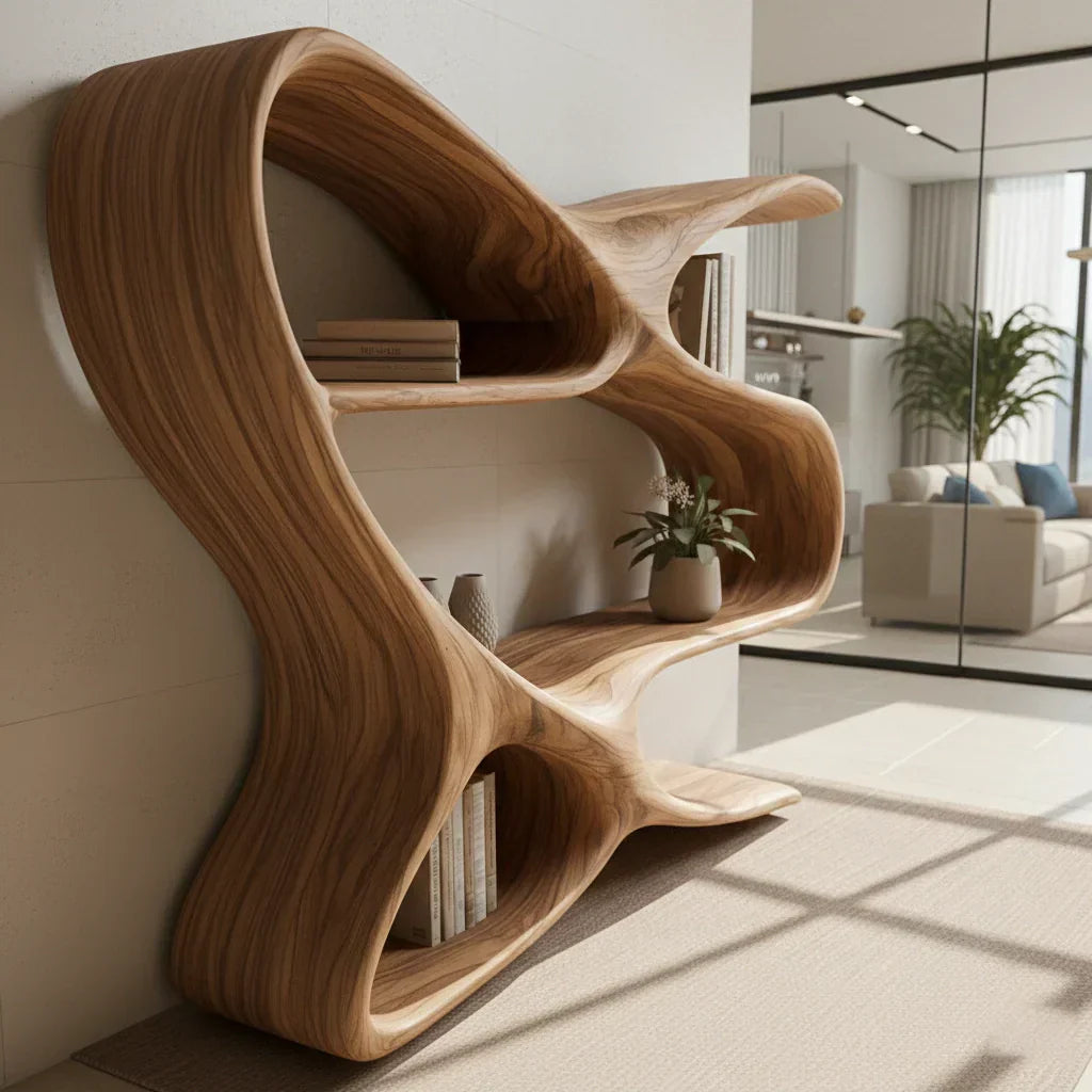 Sculpted Solid Wood Bookshelf – Rustic Flow Edition - Rustiracraft