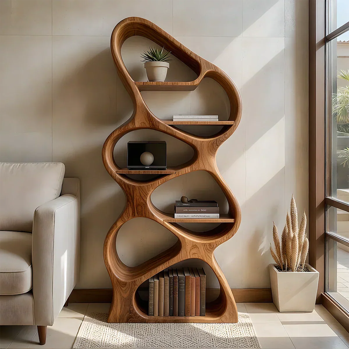 Sculpted Solid Wood Bookshelf – Vertical Organic Form - Rustiracraft