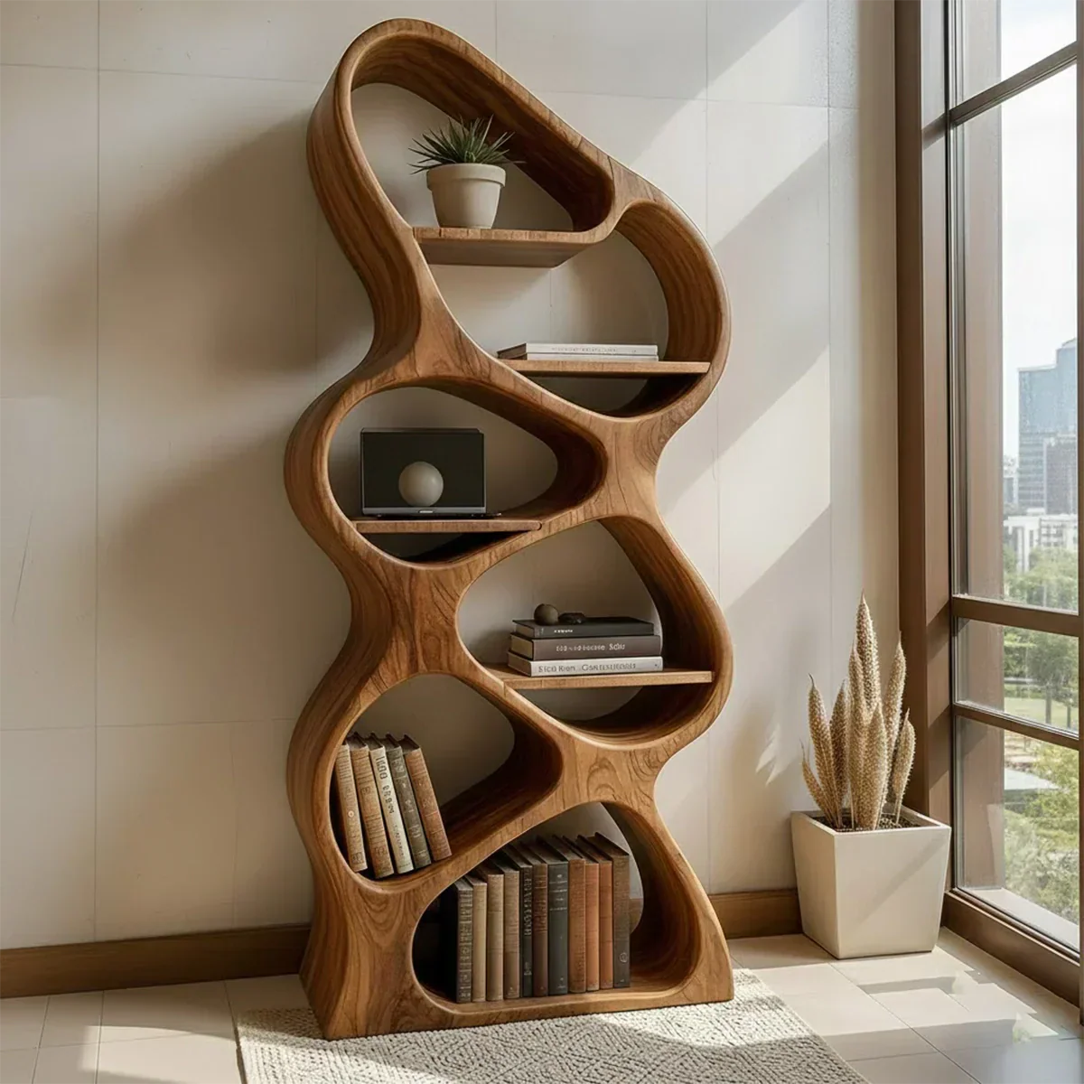 Sculpted Solid Wood Bookshelf – Vertical Organic Form - Rustiracraft
