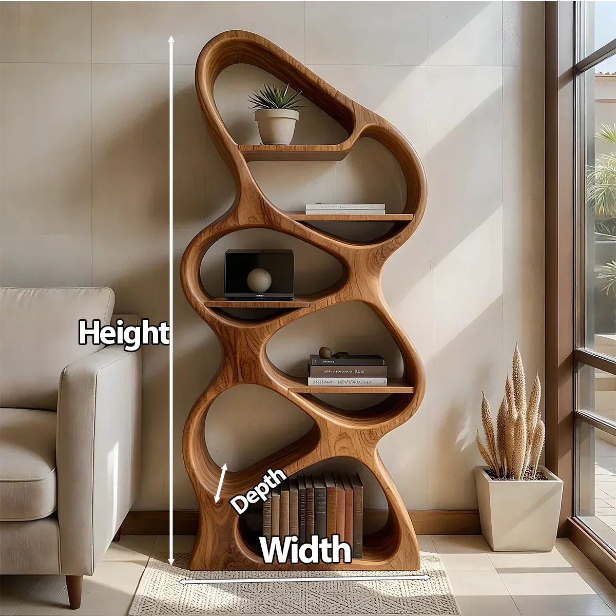 Sculpted Solid Wood Bookshelf – Vertical Organic Form - Rustiracraft