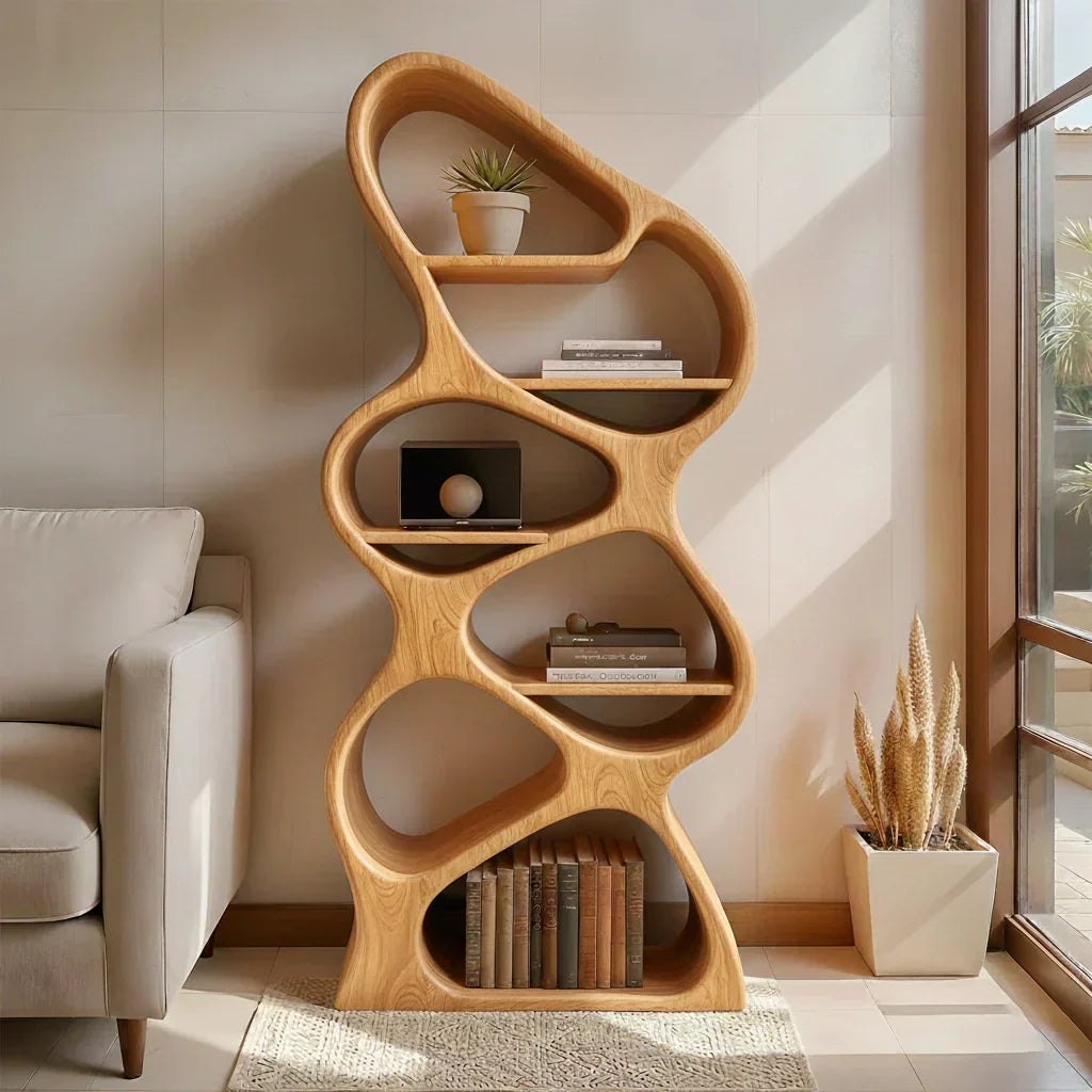 Sculpted Solid Wood Bookshelf – Vertical Organic Form - Rustiracraft