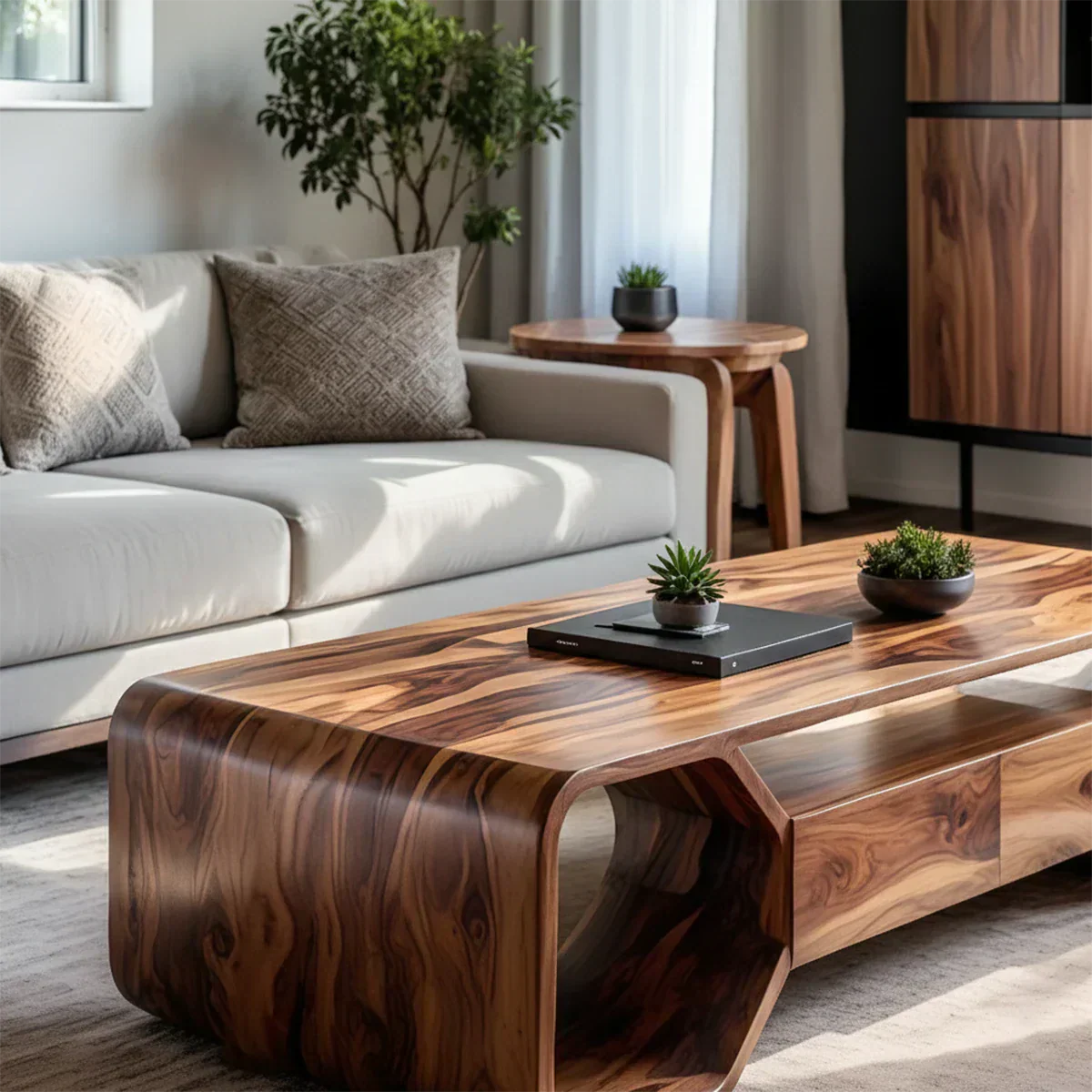 Sculpted Solid Wood Coffee Table With Storage – Modern Curved Form - Rustiracraft