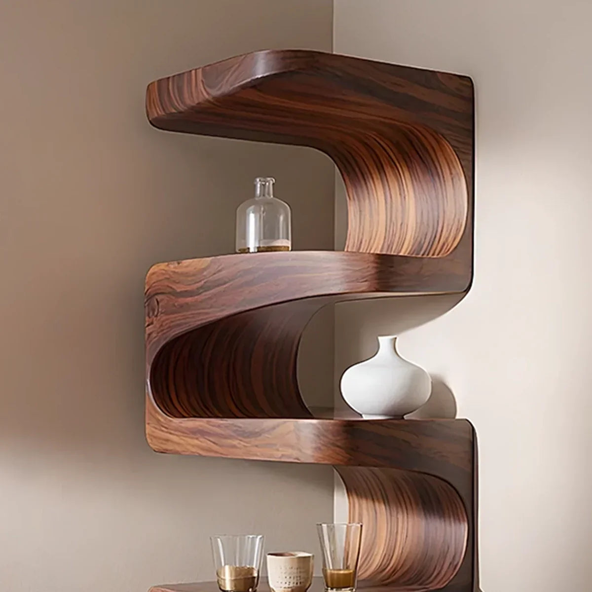 Sculpted Solid Wood Corner Bookshelf – Flow Form Edition - Rustiracraft