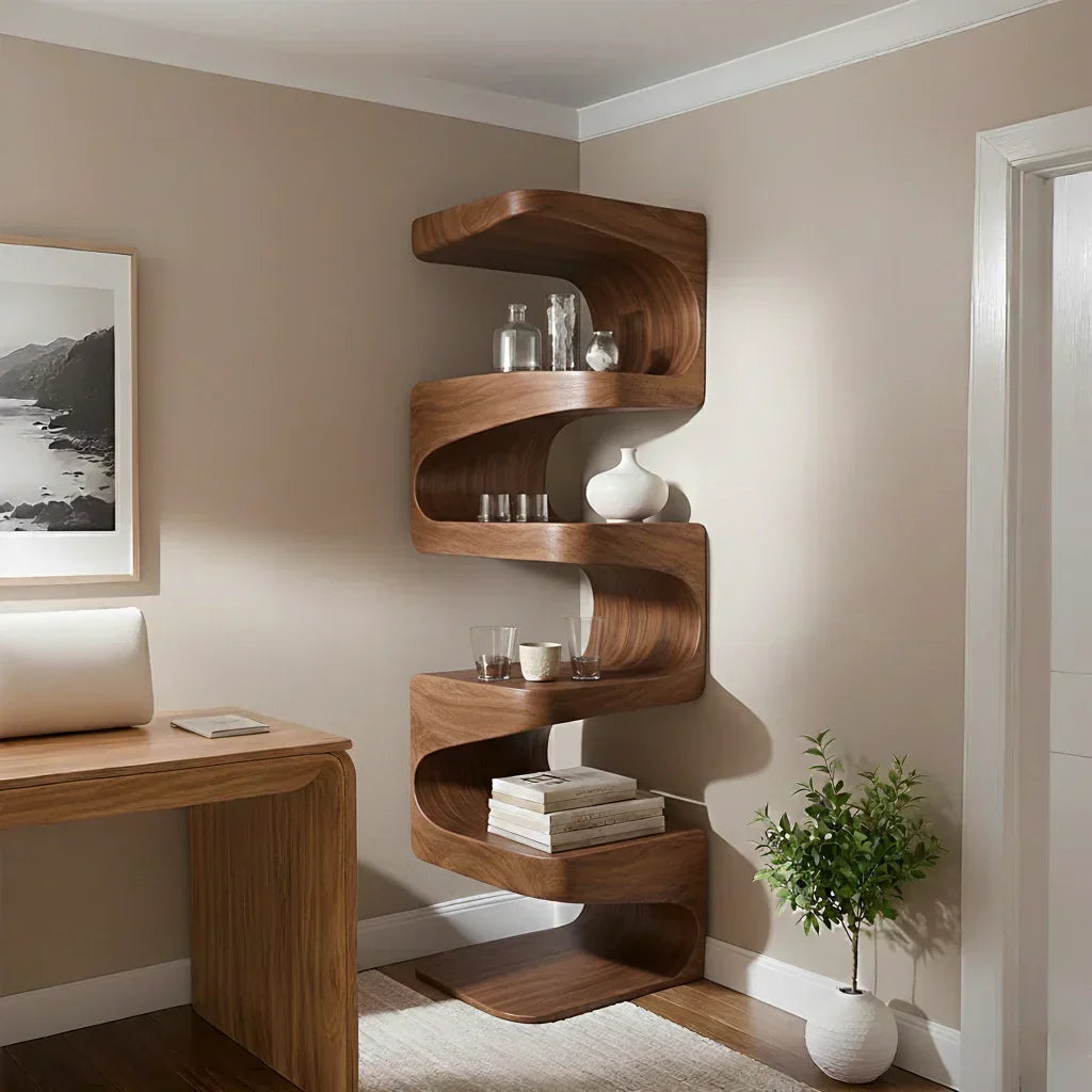 Sculpted Solid Wood Corner Bookshelf – Flow Form Edition - Rustiracraft