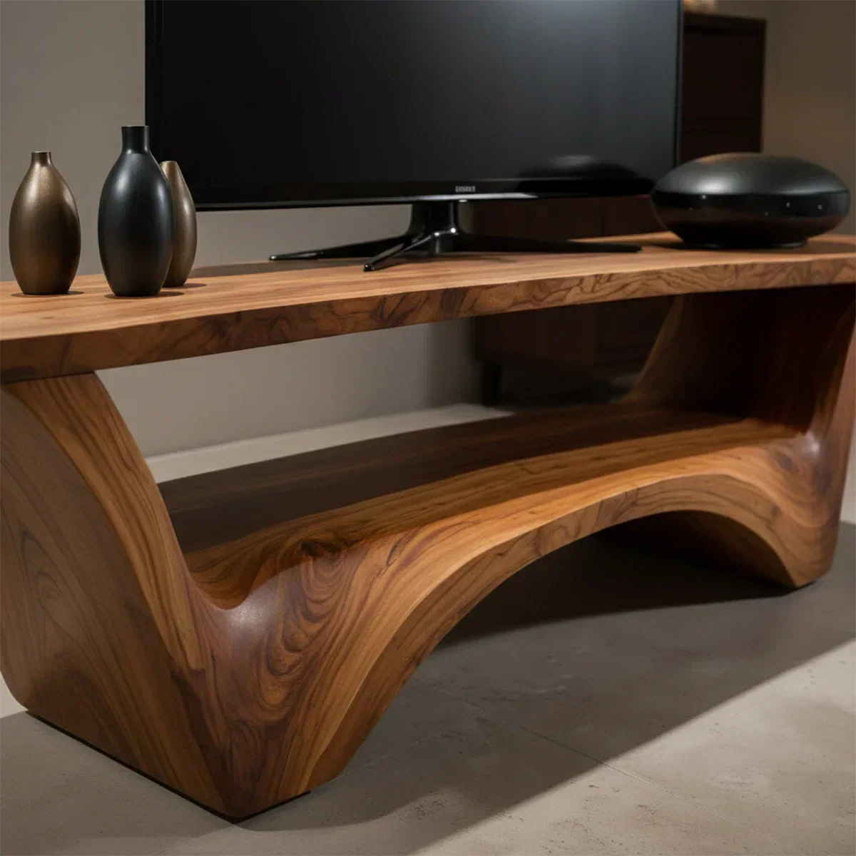 Sculpted Solid Wood TV Stand – Modern Curved Minimalist Design - Rustiracraft