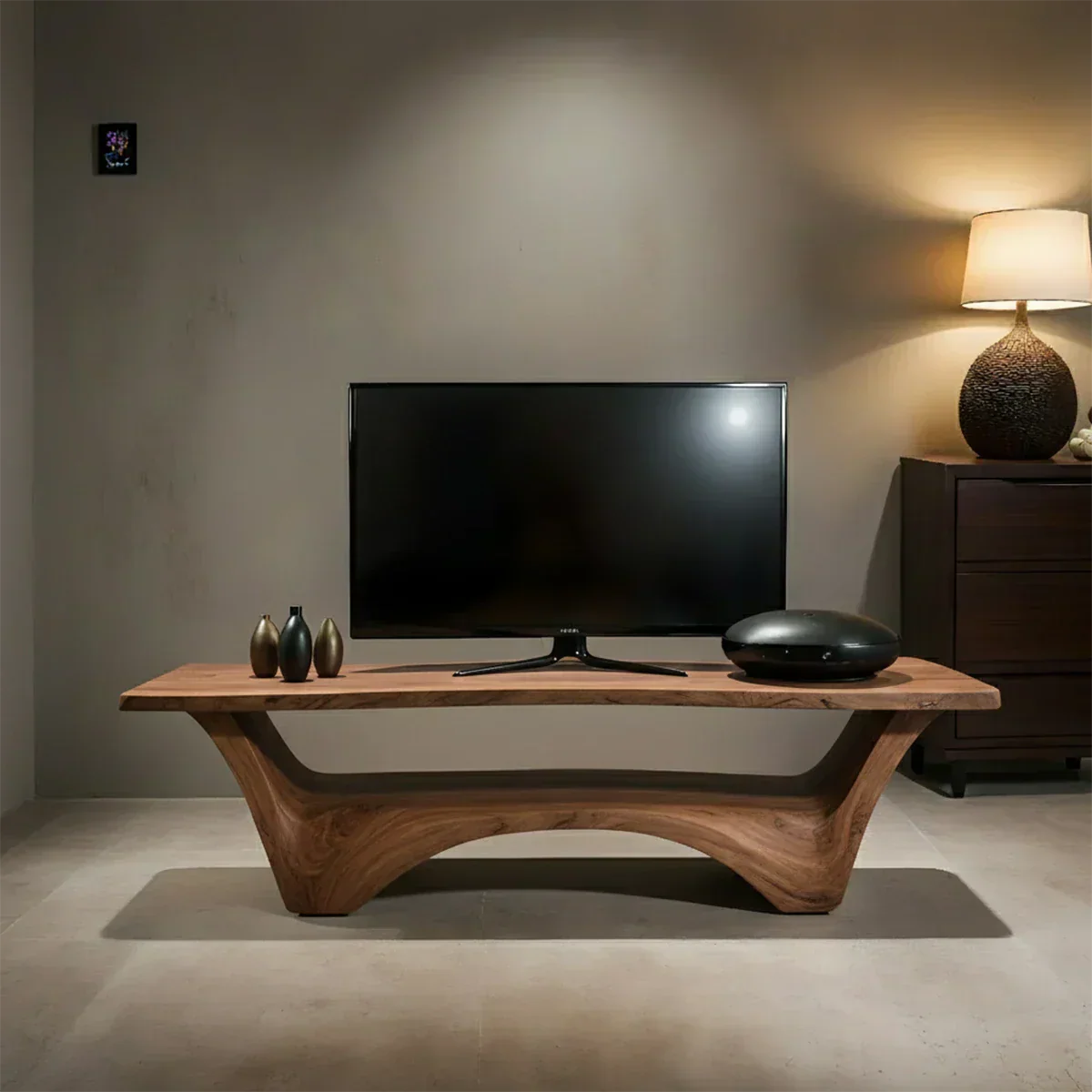 Sculpted Solid Wood TV Stand – Modern Curved Minimalist Design - Rustiracraft