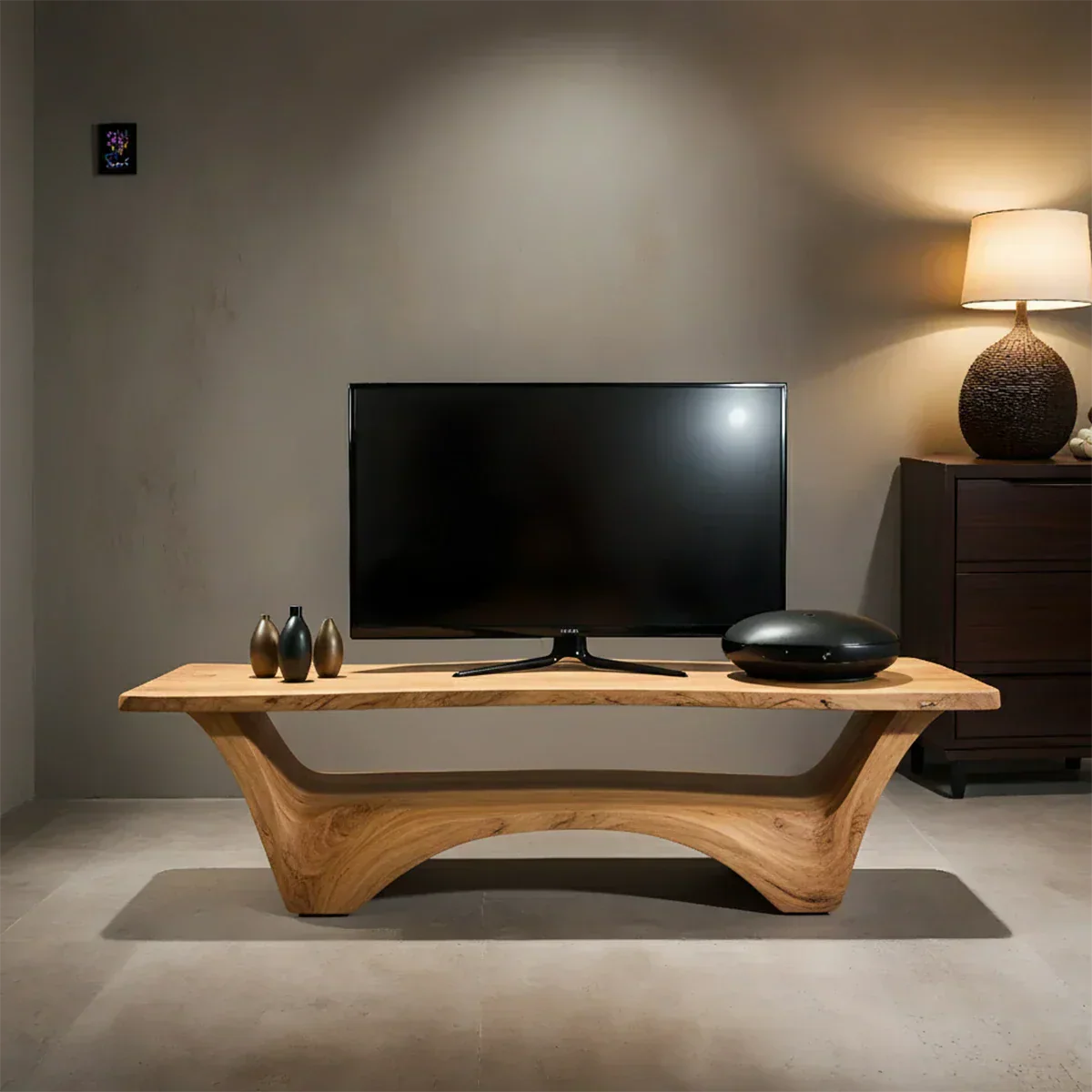 Sculpted Solid Wood TV Stand – Modern Curved Minimalist Design - Rustiracraft