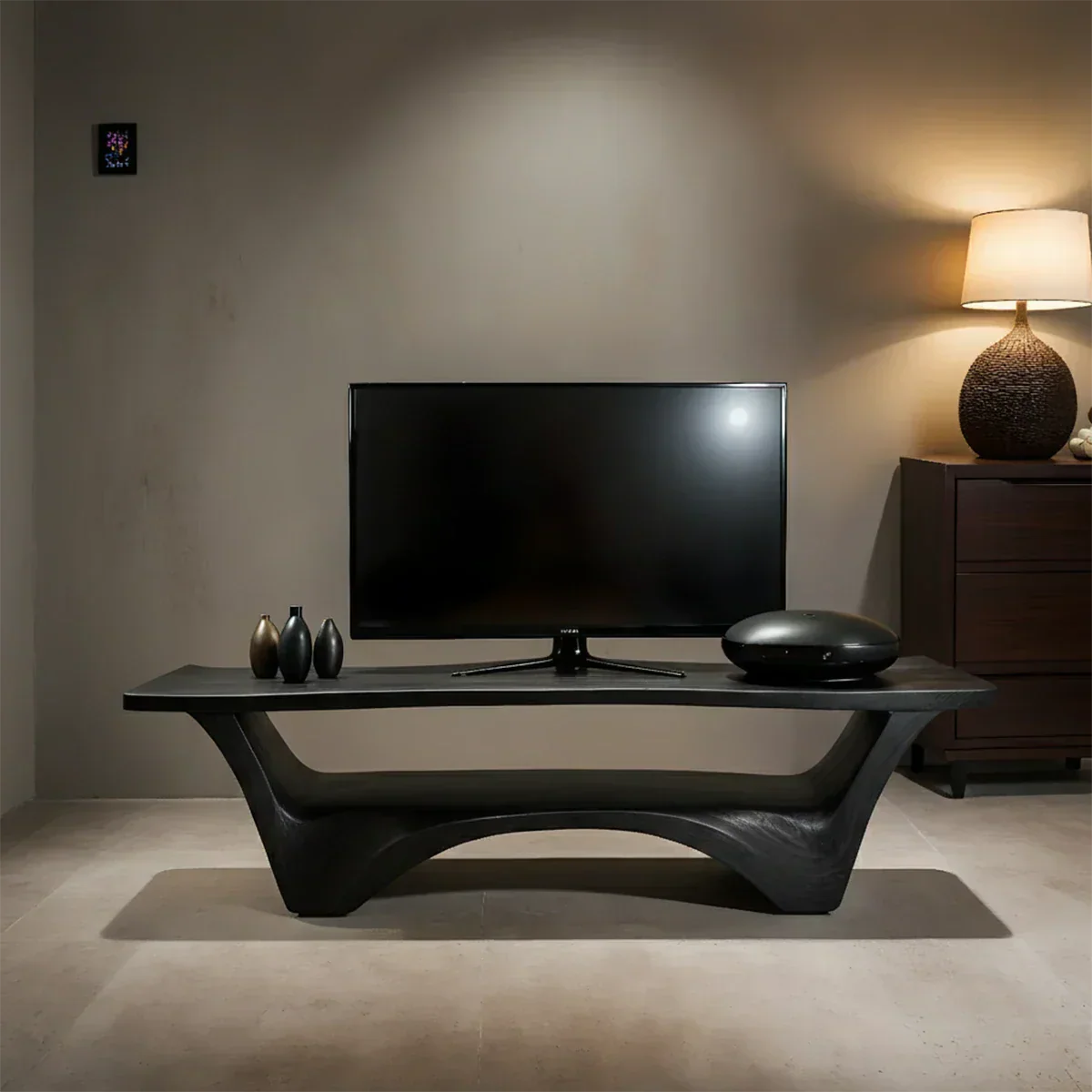 Sculpted Solid Wood TV Stand – Modern Curved Minimalist Design - Rustiracraft