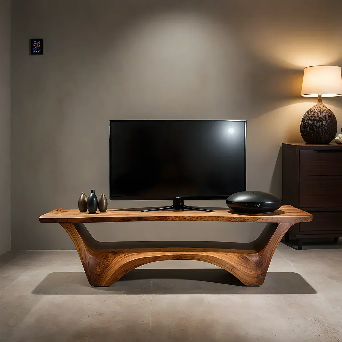 Sculpted Solid Wood TV Stand – Modern Curved Minimalist Design - Rustiracraft